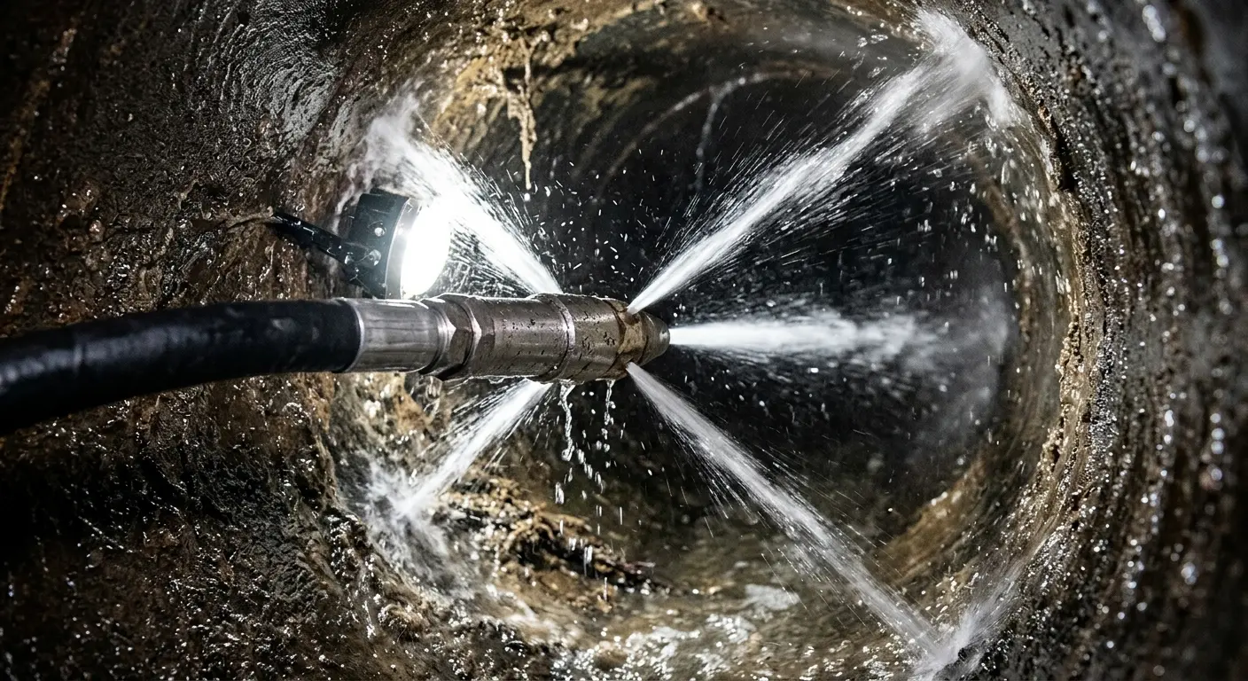 High-pressure hydro jetting nozzle cleaning sewer pipe for Trenchless Sewer Repair in Lucerne Valley