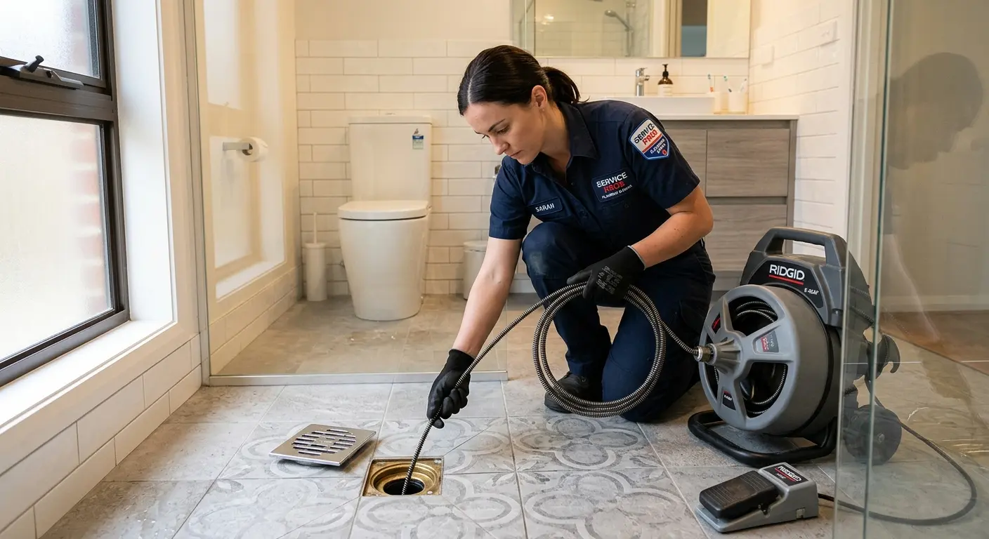 Technician clearing a bathroom floor drain for Clogged Drain Repair in Lucerne Valley